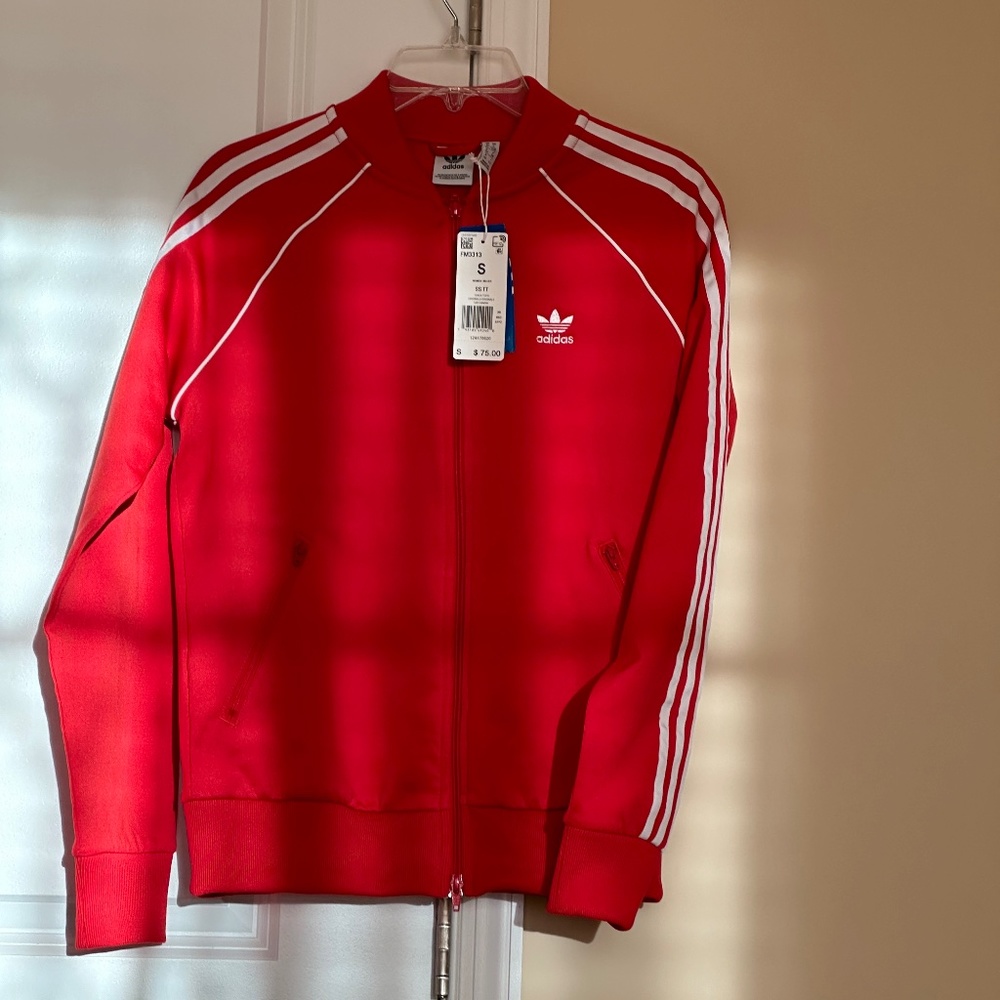 Adidas, Red, 3 Stripes Jacket, Double Zipper, 2 Side Zipper Pockets. (As Is)